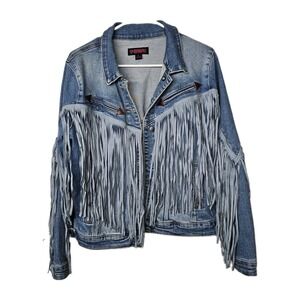 Rock and Roll Denim Jacket With Fringe Size Large Button Front Pockets Western